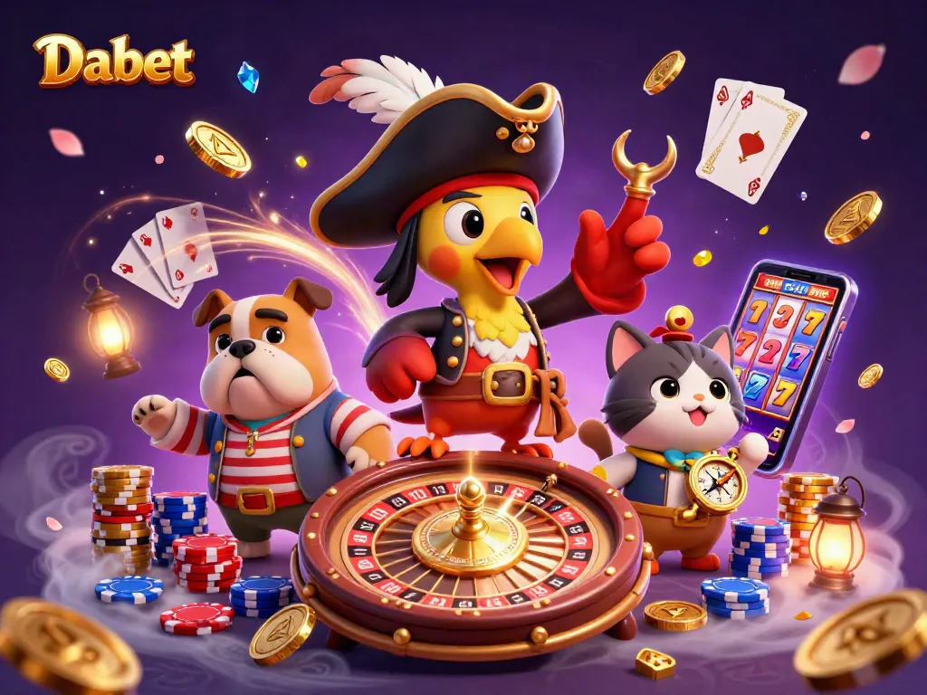 Dabet reveals thrilling action in a vibrant casino scene featuring a pirate captain, playful bulldog, and cunning cat.