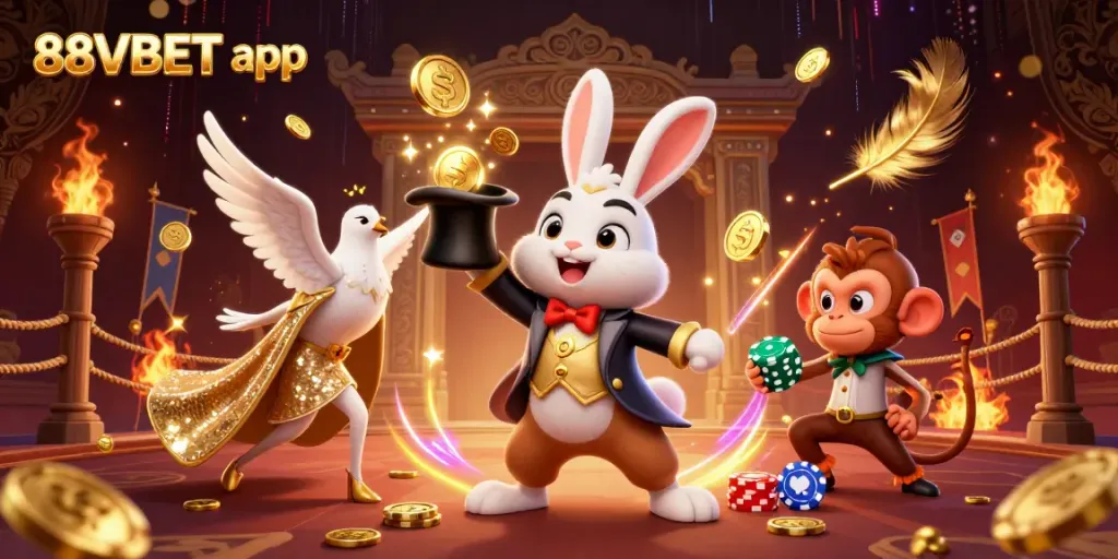 Engage with the 88VBET app as a magician rabbit reveals golden coins in a vibrant casino scene.