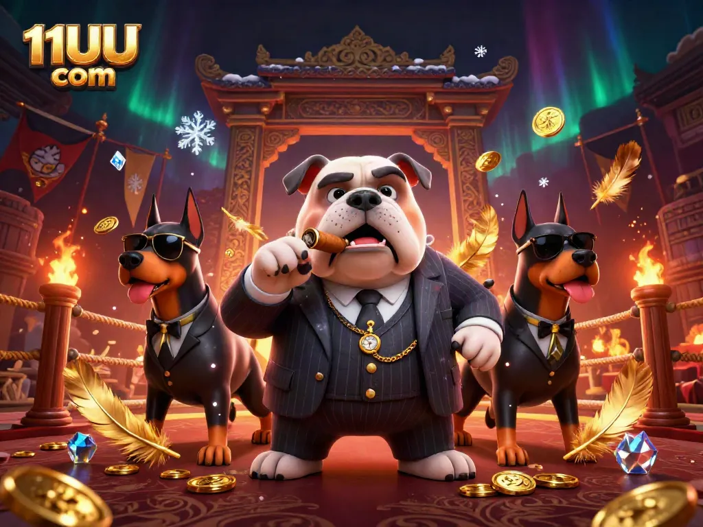 Join the action at 11UU com with the charismatic bulldog boss and his Doberman guards in a vibrant casino scene.