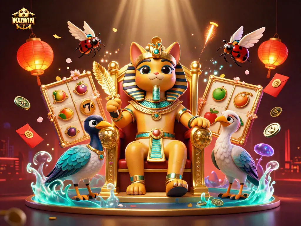 Engage in thrilling gameplay at KUWIN with enticing slot reels, vibrant colors, and energetic characters.