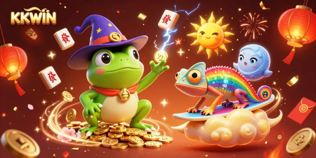 Experience KKWIN's vibrant casino world with magical characters and sparkling gold coins.