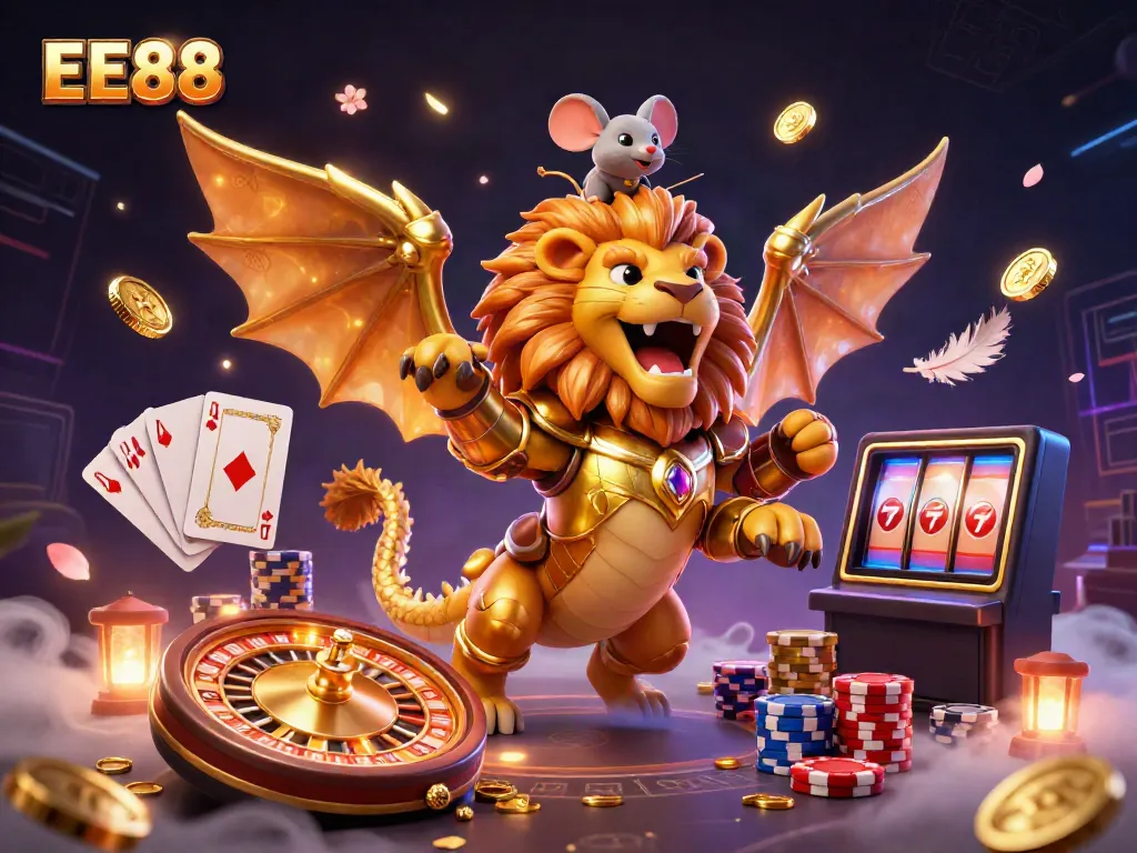 Engage with EE88's thrilling casino experience through a dynamic illustration featuring a chimera warrior and vibrant game elements.