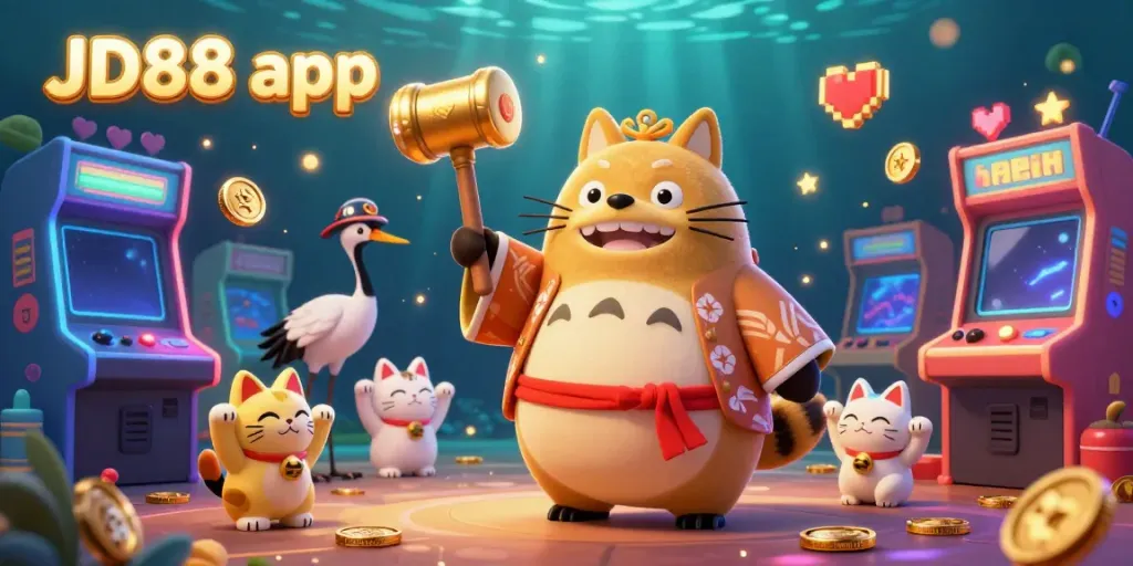 Catch rewarding opportunities with the JD88 app featuring a cheerful tanuki, colorful game elements, and gold sparks.