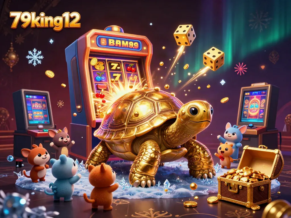 Experience the excitement of 79king12 with a vibrant casino-themed 3D illustration featuring games and joyful characters.