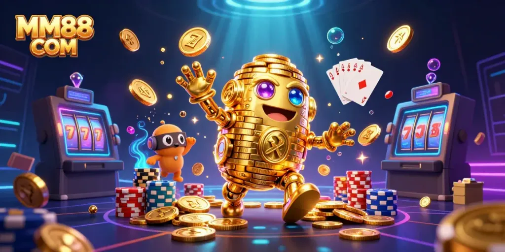 Experience thrilling gaming action at MM88 COM with golden golem and casino symbols.