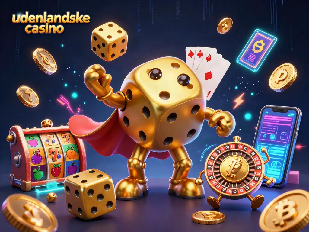 Engage with udenlandske casino through a lively 3D scene featuring golden dice and slot symbols.
