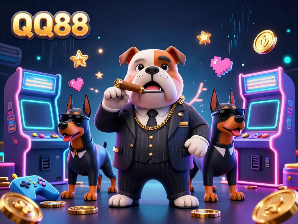Enjoy thrilling gaming with QQ88’s vibrant 3D illustration of a mafia-style casino atmosphere.