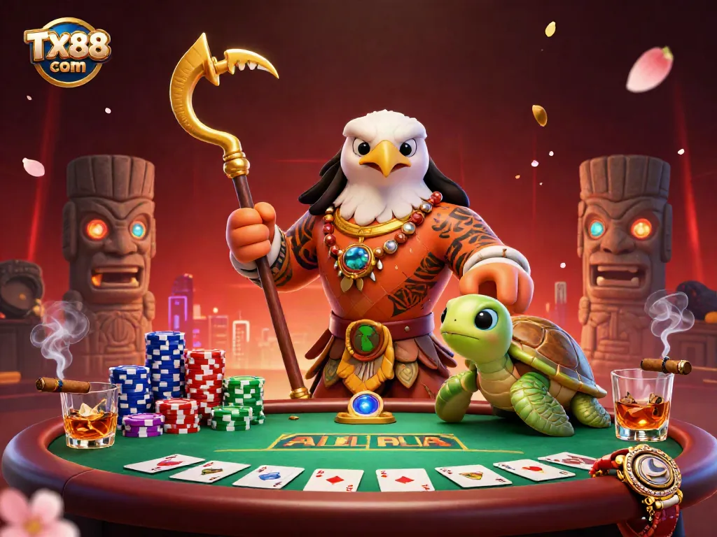 Engage with TX88 com at a lively casino scene featuring colorful poker elements and characters in a vibrant atmosphere.