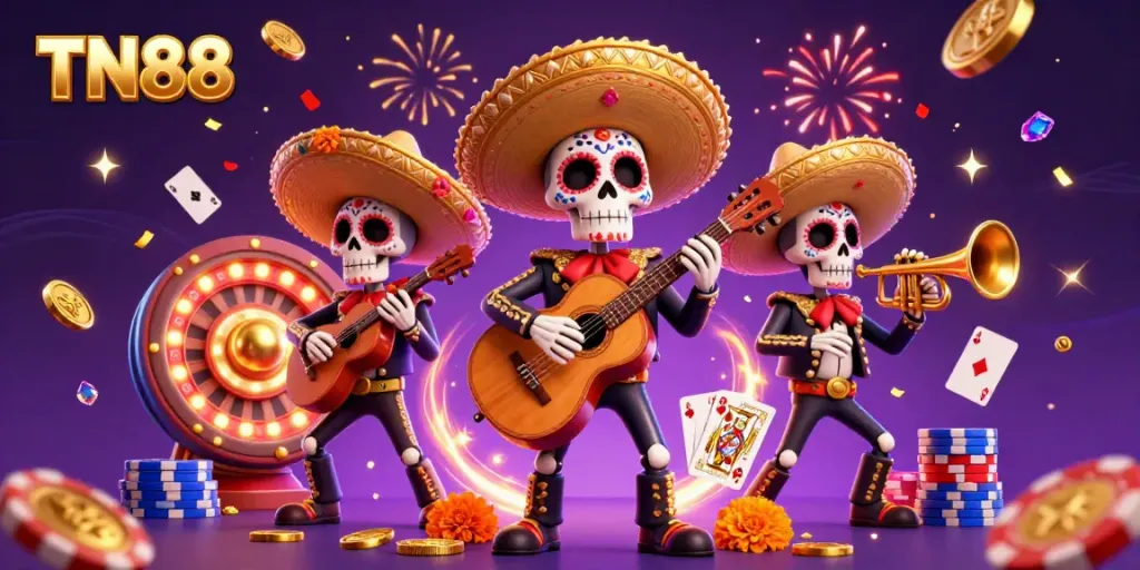 Experience the excitement of TN88 with a festive mariachi band, vibrant casinos, and dynamic gambling elements.