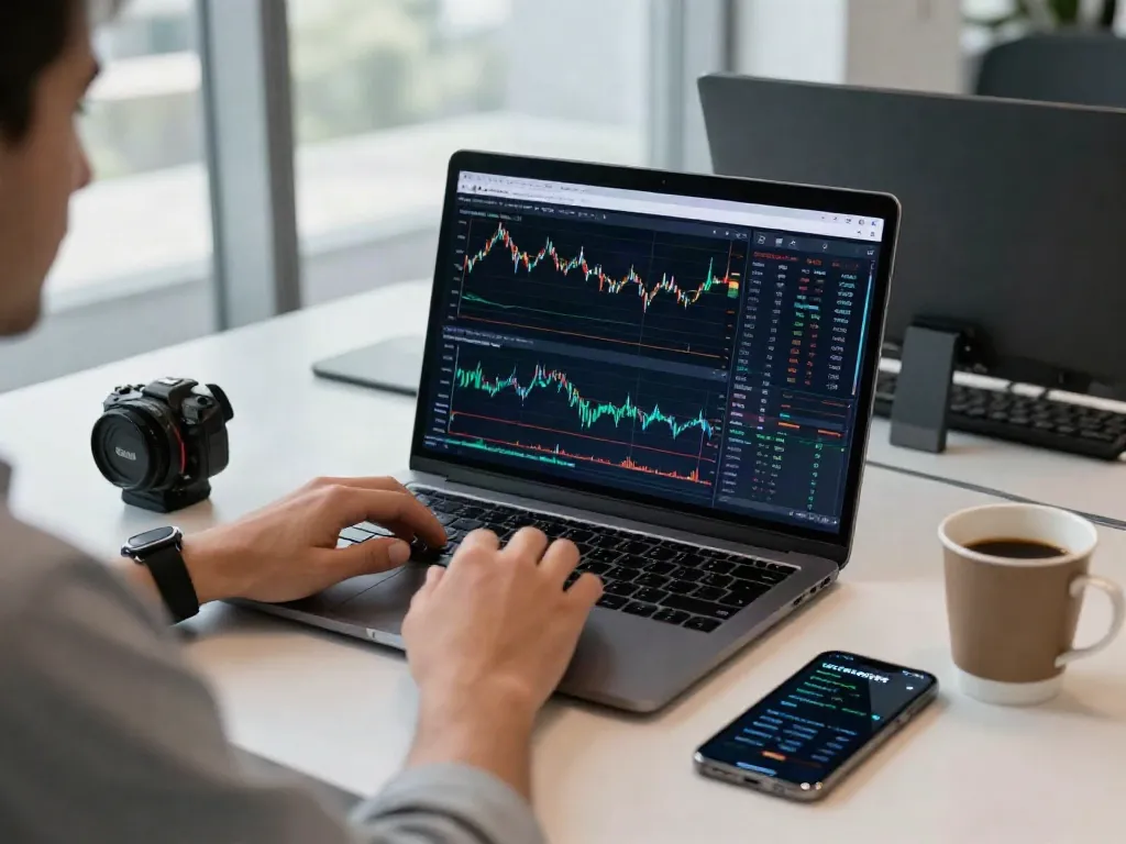 Couponeau : trader utilisant une plateforme IA dans un bureau moderne.