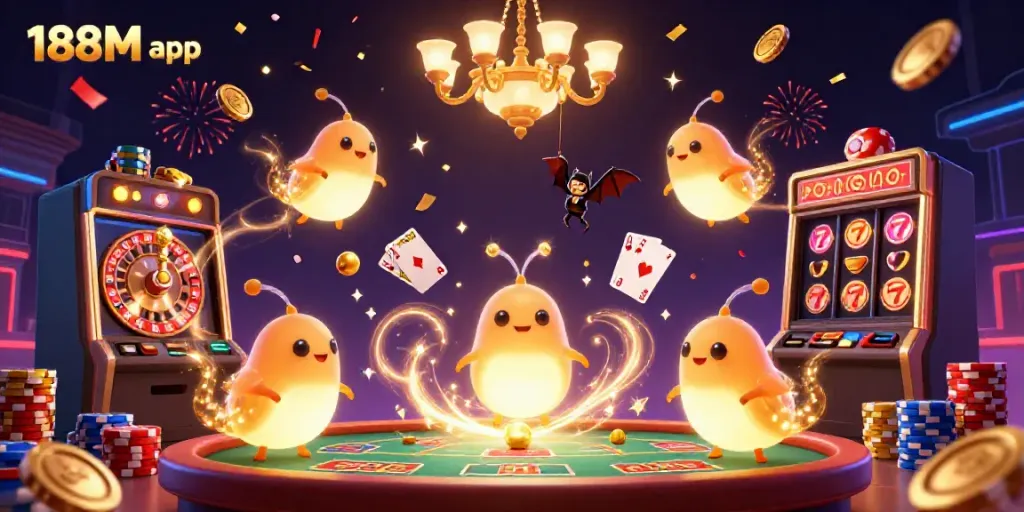 Join the excitement at 188M app with glowworms lighting up a vibrant casino scene filled with gold coins and sparks.