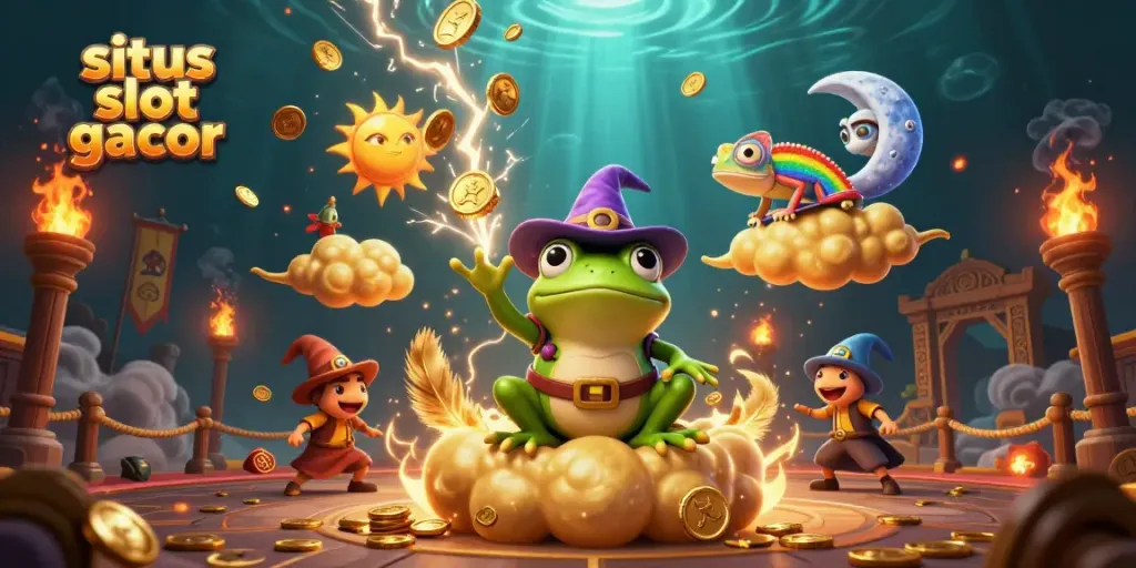 Experience the excitement of situs slot gacor with a vibrant scene of colorful characters and golden coins.