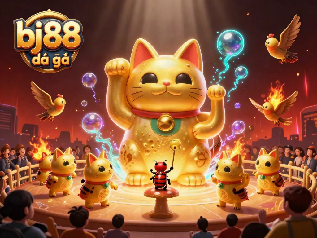 Experience thrilling bj88 đá gà action with a dynamic 3D illustration of a golden lucky cat and vibrant cockfighting elements.