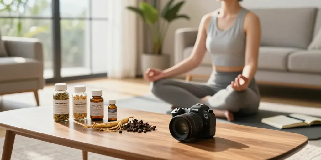 Scène de bien-être avec des compléments naturels affichés sur une table, représentant naturaforce.com.