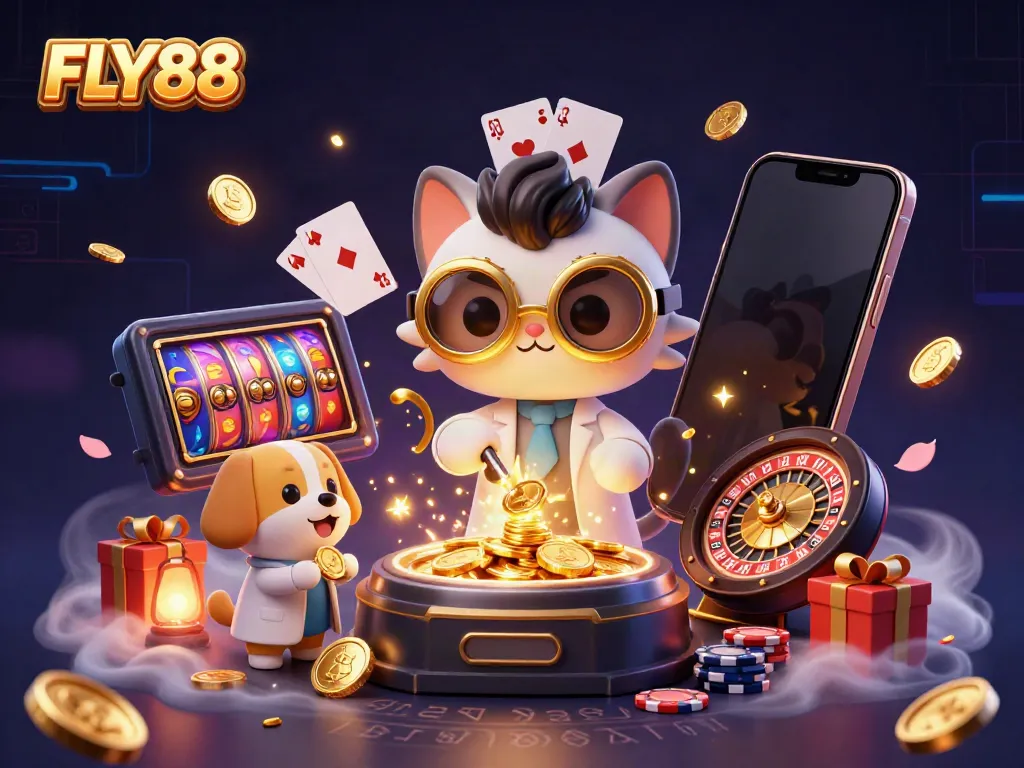 Engage with FLY88 through a captivating scene of a mad scientist cat and assistant in a vibrant casino setting.