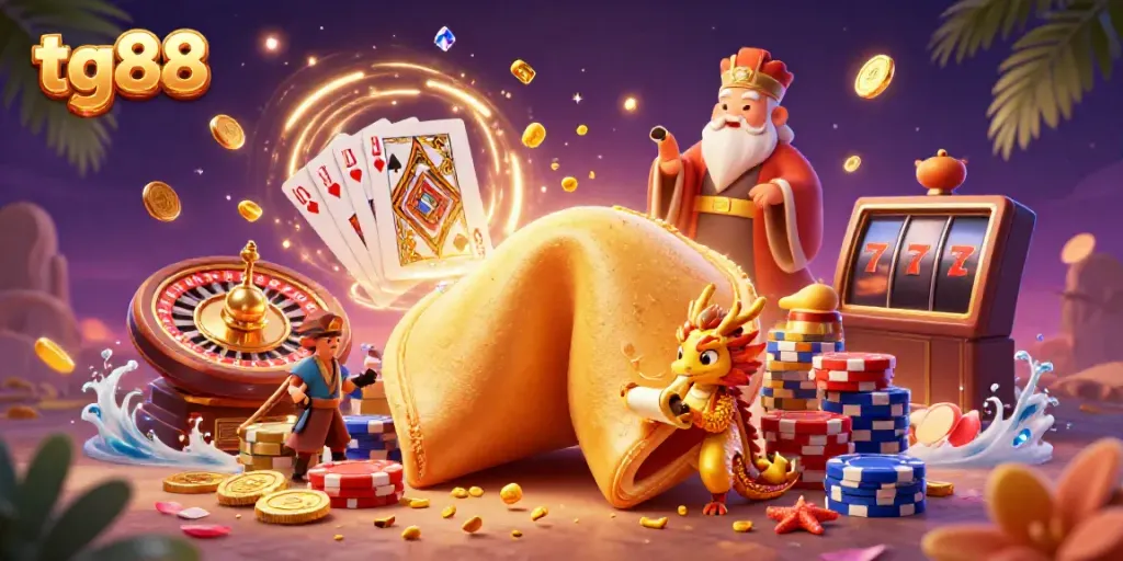Experience exciting gaming adventures with tg88's vibrant and engaging casino elements in a rich, colorful scene.