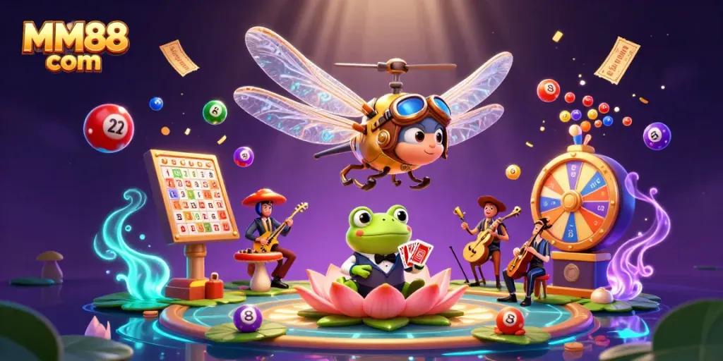 Engage with unique MM88 com casino games surrounded by colorful elements and a vibrant scene.
