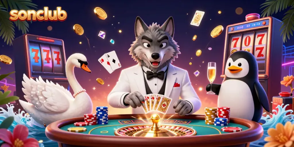Experience thrilling gameplay at sonclub with elegant characters in a vibrant casino scene.