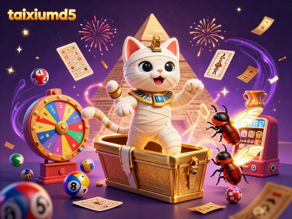 Experience thrilling gameplay with taixiumd5's vibrant casino scene featuring a mummy cat and colorful lottery elements.