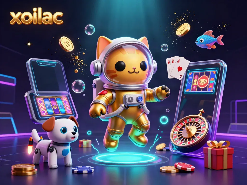 Xoilac-themed illustration depicting a space astronaut cat with a robot dog and vibrant casino elements.