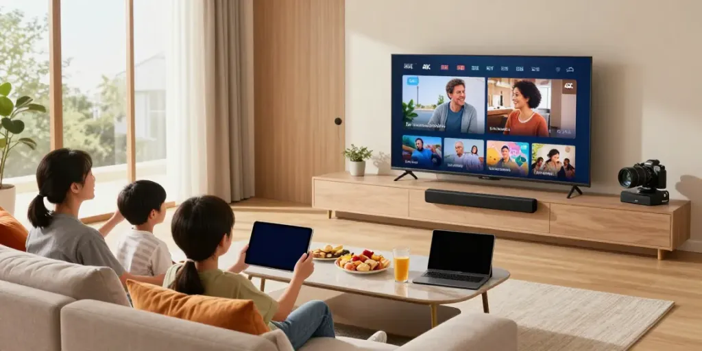 Abonnement IPTV 4K : Famille utilisant plusieurs appareils pour regarder des contenus en 4K dans un salon moderne.